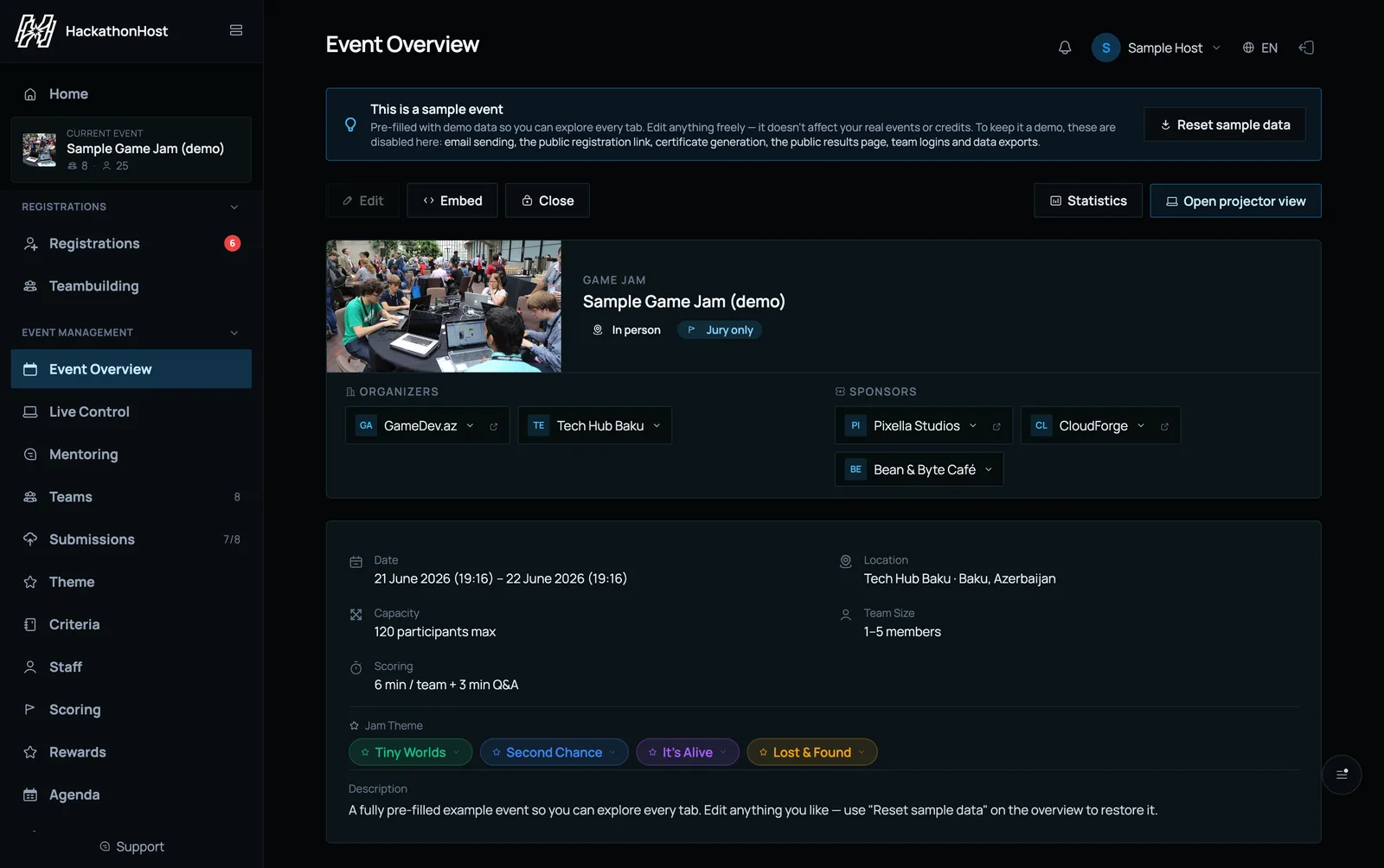 HackathonHost event overview — organizers, sponsors, dates, capacity and jam themes on one page