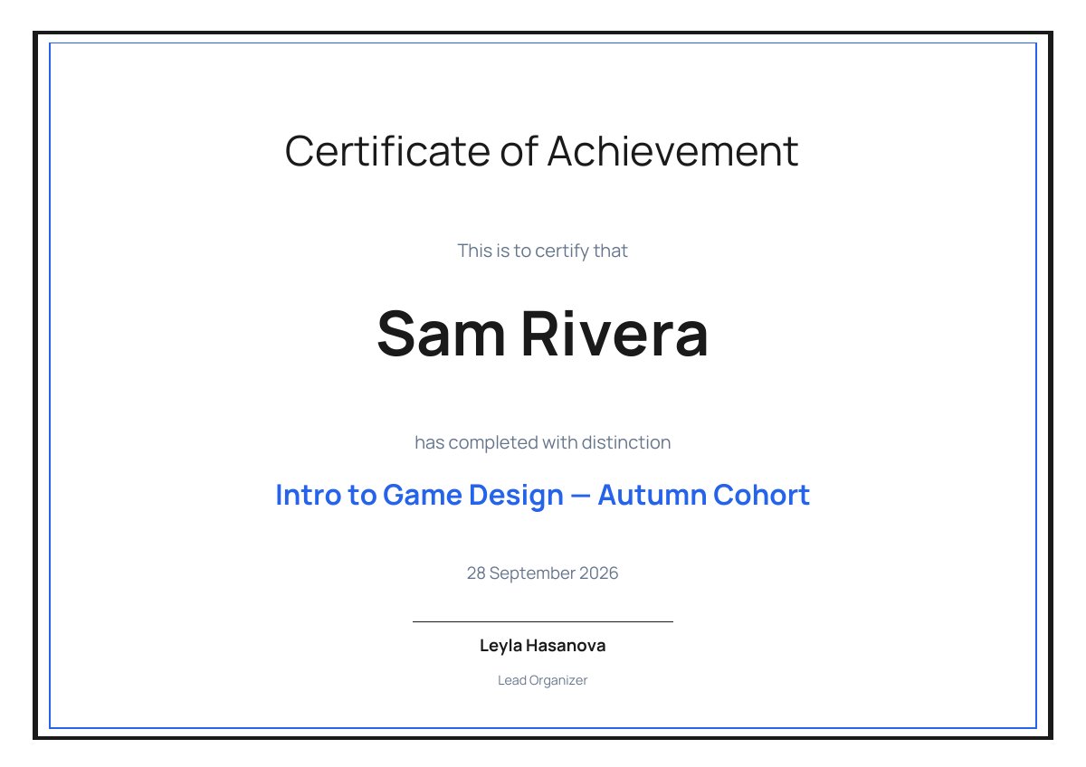 Classic certificate of achievement template with a double border, the recipient's name, a course name, the date and a signature line