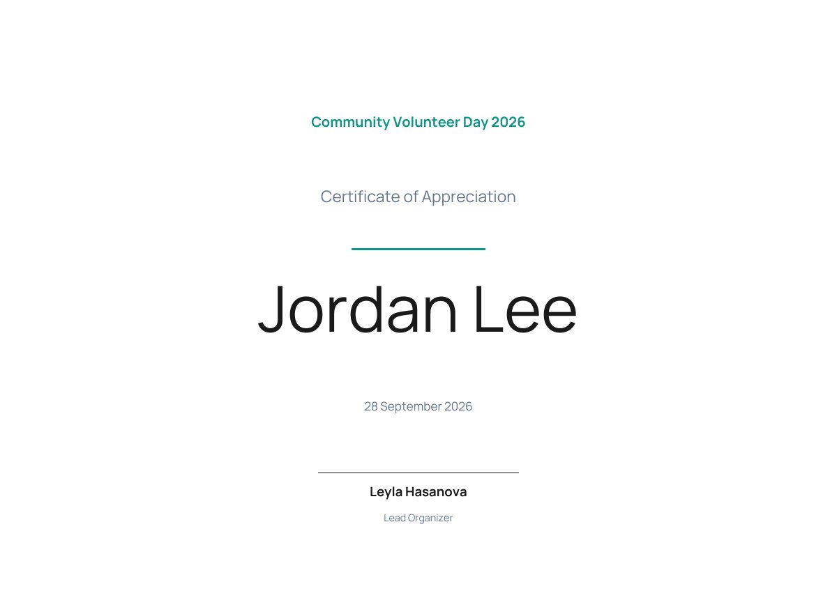 Minimal certificate of appreciation template with the event name, a thin accent rule, a large recipient name and the date