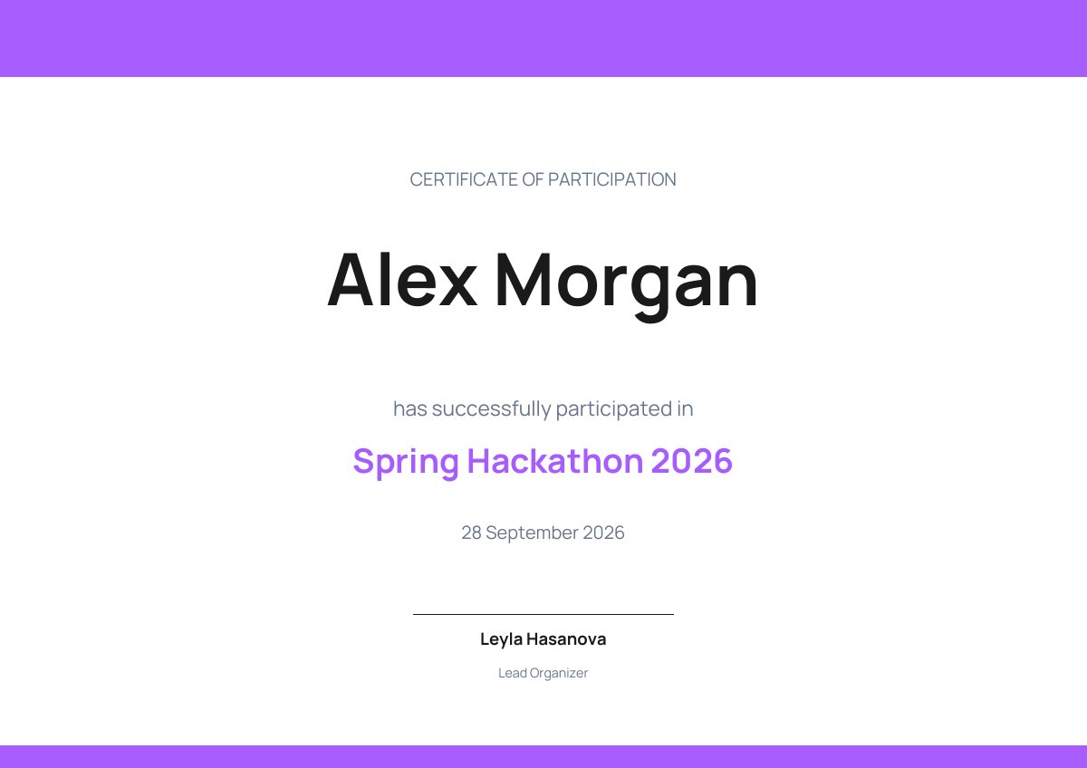 Modern certificate of participation template with a purple header bar, the recipient's name, the event name, the date and an organizer signature
